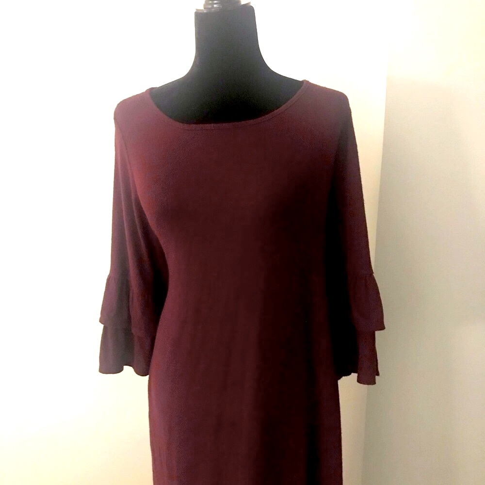 Maroon Shift Dress With Double Ruffled Sleeves By AGB. New with Tags. Size 1X